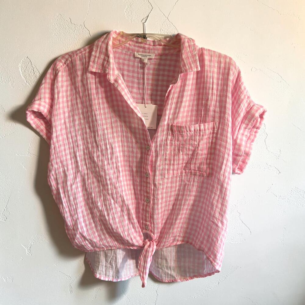 BeachLunchLounge Rose Pink Plaid Gauze Tie Front Shirt NWT Large - Picture 2 of 11